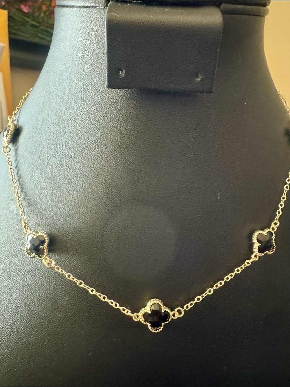 Gold-Finish Necklace with Black Clover Accents